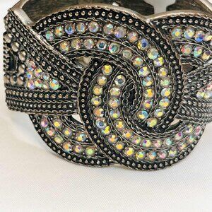 Vintage Rhinestone Cuff Bracelet 1980s, Celtic Knot Design, Silver-Tone Metal